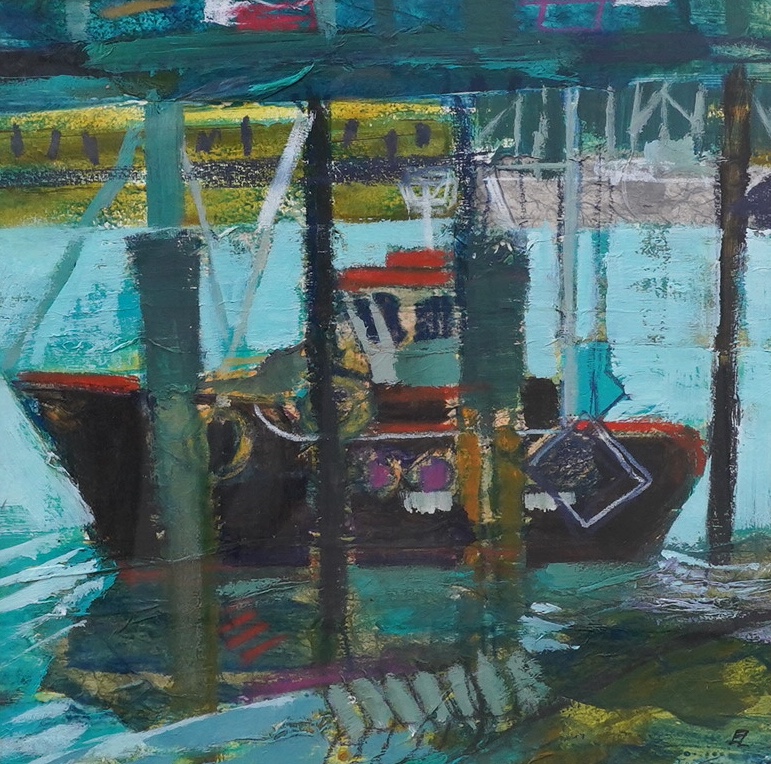 Lis Lawrence (contemporary), oil, pastel and mixed media, 'Newhaven boat', signed with monogram, 30 x 30cm. Condition - good